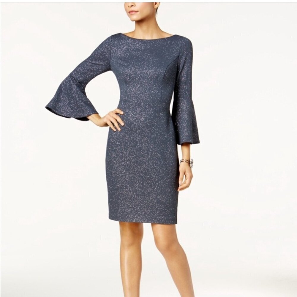 Vince Camuto Metallic Gray Bell Sleeve Midi Cocktail Dress, Size 8